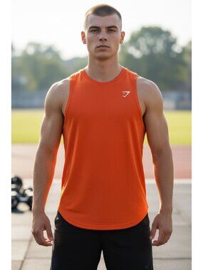 NEW Gymshark Arrival Muscle Tank Top Athletic Gym Workout Orange Mens L Slim Fit
